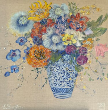 제목이 "Flowers in china va…"인 미술작품 Elena Stauffer로, 원작, 기름 나무 들것 프레임에 장착됨