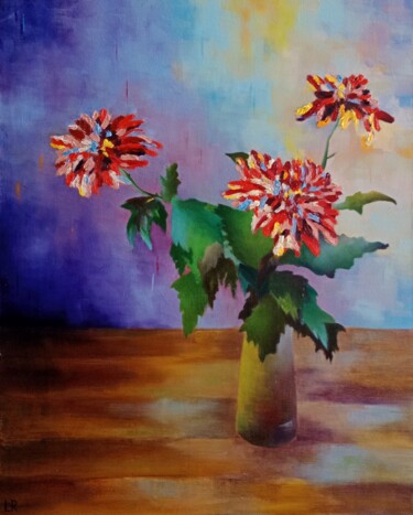 绘画 标题为“red chrysanthemums” 由Liudmila Rabinovich, 原创艺术品, 油
