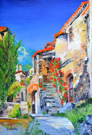 Peinture intitulée "Ruelle à Castelnou" par Samuel Kouyoumdjian, Œuvre d'art originale, Huile Monté sur Châssis en bois