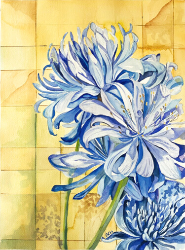 "Blue Agapanthes - Floral Heritage: Portugal in Bloom Peinture intitulée ""Blue Agapanthes -…" par Irina Kurganskaya, Œuvre d'art originale, Aquarelle