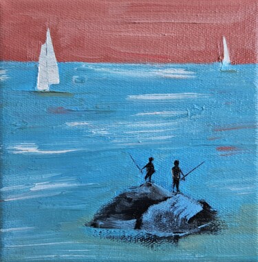 Pintura intitulada "Fishing on the rocks" por Mariusz Makula, Obras de arte originais, Óleo