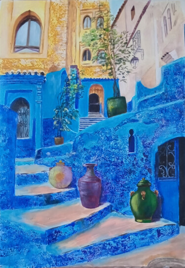 Blue Chefchaouen Street Schilderij getiteld "Blue Chefchaouen St…" door Liubov Samoilova, Origineel Kunstwerk, Acryl