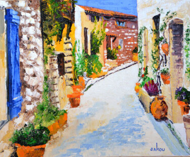 Peinture intitulée "Ruelle fleurie enso…" par Samuel Kouyoumdjian, Œuvre d'art originale, Huile Monté sur Châssis en bois