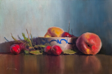 Peinture intitulée "Cerises et Pêches" par Pascal Giroud, Œuvre d'art originale, Huile