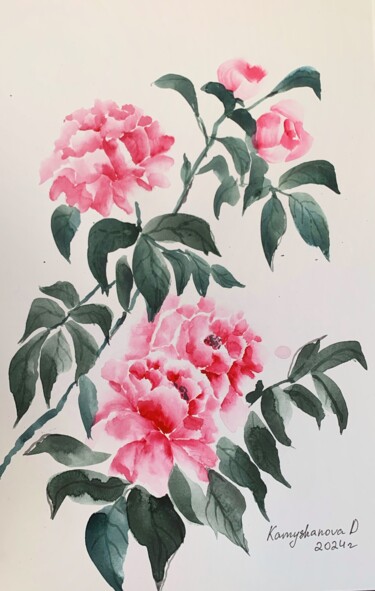 Ζωγραφική με τίτλο "Peonies in the Wu-x…" από Daria Kamishanova, Αυθεντικά έργα τέχνης, Ακουαρέλα