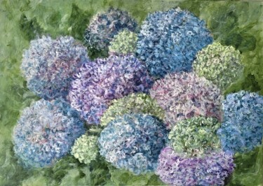 Canopée d’hortensias Peinture intitulée "Canopée d’hortensias" par R Devarrewaere, Œuvre d'art originale, Huile Monté sur Châssis en bois