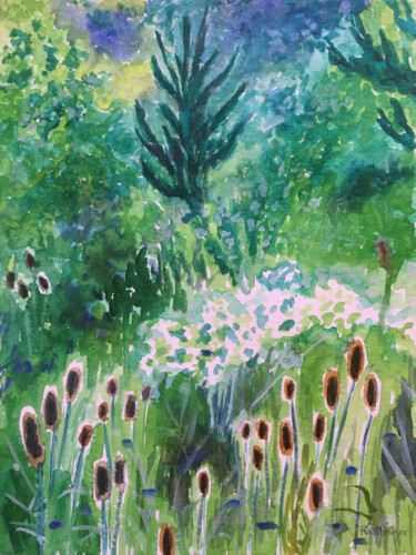 Malerei mit dem Titel "Arbres et fleurs" von Camille Rouschmeyer, Original-Kunstwerk, Aquarell
