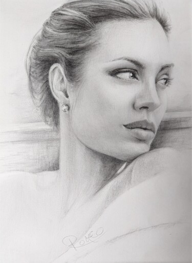 Tekening getiteld "Angelina Jolie" door Dominique Romeo, Origineel Kunstwerk, Potlood Gemonteerd op Houten paneel