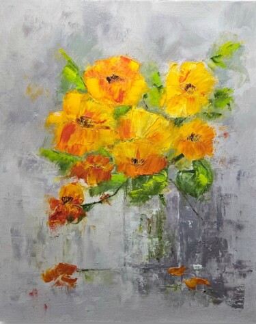 Schilderij getiteld "Pavots d’Espagne" door R Devarrewaere, Origineel Kunstwerk, Olie Gemonteerd op Frame voor houten branca…