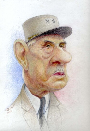 Charles de Gaulle Tekening getiteld "Charles de Gaulle" door Dominique Romeo, Origineel Kunstwerk, Potlood