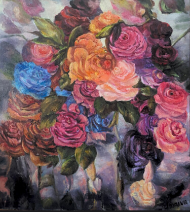 Картина под названием "Bouquet de roses" - Lola Jumaeva Novikova, Подлинное произведение искусства, Масло
