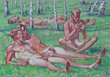 Disegno intitolato "Birch Grove" da Sergey Sovkov, Opera d'arte originale, Matite colorate