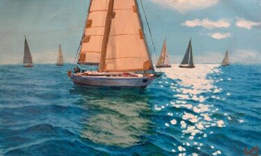 Painting titled "Seascape 45" by Garry Arzumanyan, Original Artwork, Oil Mounted on Wood Stretcher frame