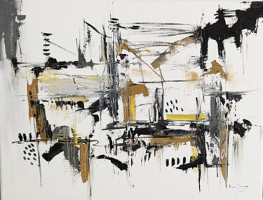Le repos - tableau abstrait gris noir blanc jaune moutarde Painting titled "Le repos - tableau…" by Âme Sauvage, Original Artwork, Acrylic Mounted on Wood Stretcher frame