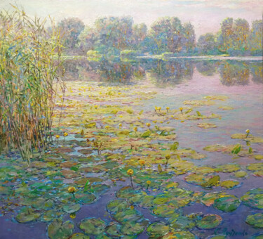 Schilderij getiteld "White gold of August" door Gunchenko, Origineel Kunstwerk, Olie Gemonteerd op Frame voor houten brancard