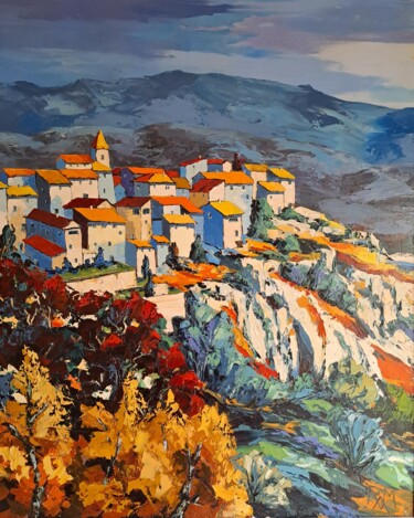 Painting titled "Oppedette, Luberon" by Régine Méric-Augier, Original Artwork, Oil Mounted on Wood Stretcher frame