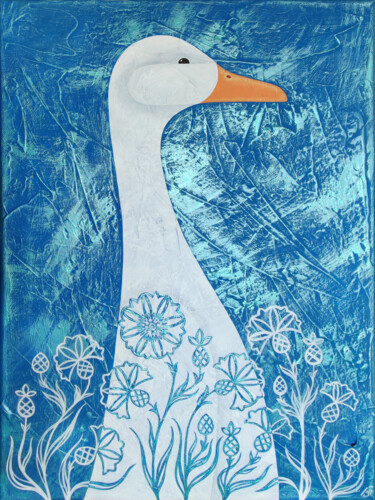 Goose in cornflowers 绘画 标题为“Goose in cornflowers” 由Yulia Belasla, 原创艺术品, 丙烯