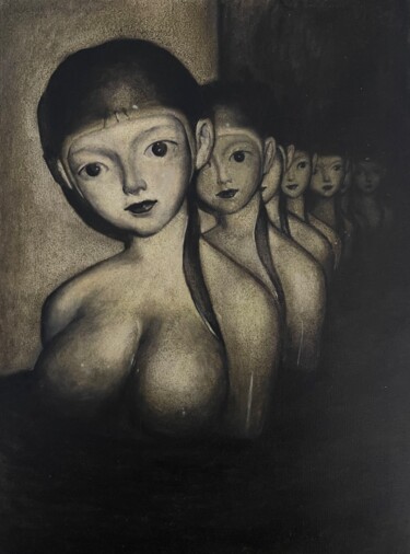 Ζωγραφική με τίτλο "girls on a black ba…" από Nikita Savchuk, Αυθεντικά έργα τέχνης, Λάδι