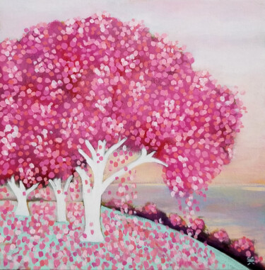Pink Blossoms' Kiss Ζωγραφική με τίτλο "Pink Blossoms' Kiss" από Karen Rieger, Αυθεντικά έργα τέχνης, Ακρυλικό Τοποθετήθηκε στο Ξύλινο φορείο σκ…