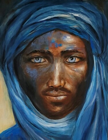 Painting titled "TOUAREG ou l'homme…" by Brigitte Krief, Original Artwork, Oil Mounted on Wood Stretcher frame