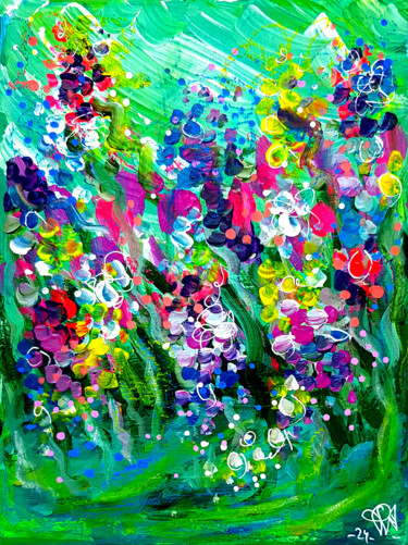 Tableau abstrait fleurs vert original sur toile Painting titled "Tableau abstrait fl…" by Pvettese, Original Artwork, Acrylic Mounted on Wood Stretcher frame
