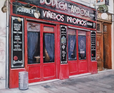 Painting titled "Bodega La Ardosa-Ma…" by Tomás Castaño, Original Artwork, Oil Mounted on Wood Stretcher frame