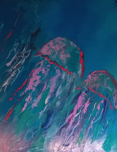 Peinture intitulée "Le bal des méduses" par Michel Forest, Œuvre d'art originale, Huile Monté sur Châssis en bois