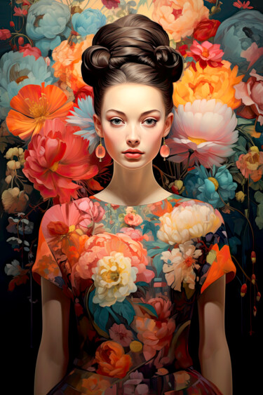 数字艺术 标题为“Girl in flowers 4” 由Saras, 原创艺术品, AI生成的图像