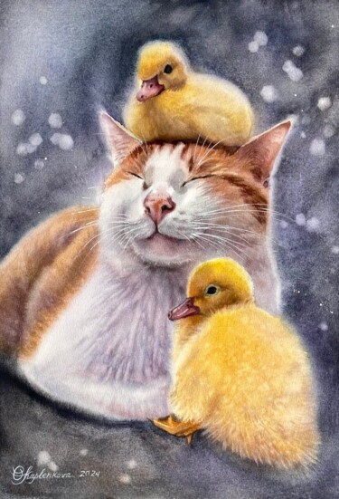 绘画 标题为“Cat and ducklings” 由Olga Kaplenkova, 原创艺术品, 水彩