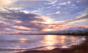 « Coucher de soleil sur le lac Issyk-Kul ». Pintura titulada "« Coucher de soleil…" por Madina Tairova, Obra de arte original, Oleo Montado en Bastidor de camilla de ma…