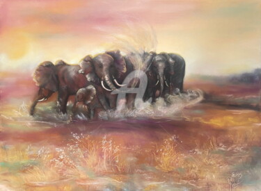 Peinture intitulée "Troupeau d'éléphants" par Marie Laplace, Œuvre d'art originale, Pastel Monté sur Carton