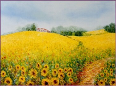 Peinture intitulée "Collines aux tourne…" par Monique Laville, Œuvre d'art originale, Huile Monté sur Châssis en bois