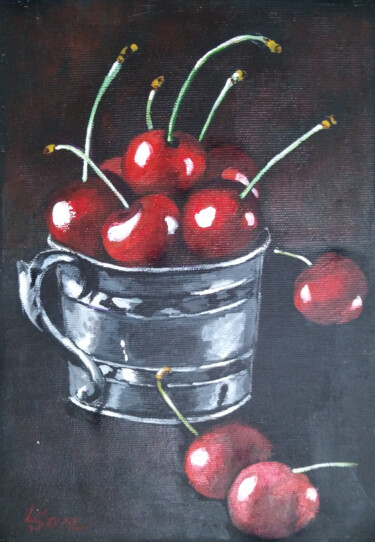 Peinture intitulée "Red cherries on bla…" par Liubov Samoilova, Œuvre d'art originale, Acrylique