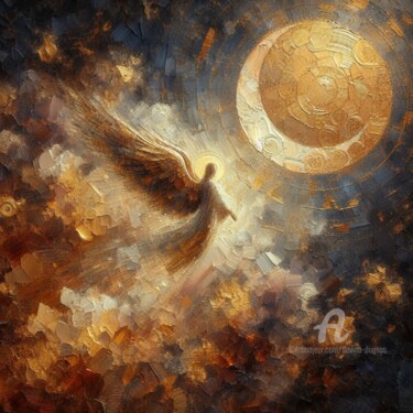 数字艺术 标题为“Angel and Moon” 由Davina Dugnas, 原创艺术品, 数字油画 安装在木质担架架上