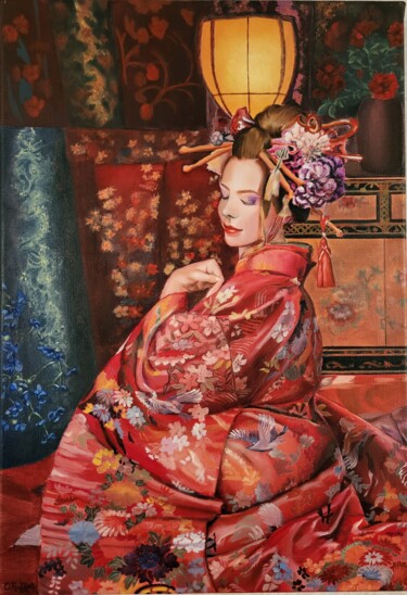 Pintura intitulada "Une jolie geisha" por Odile Ruffat, Obras de arte originais, Óleo Montado em Armação em madeira