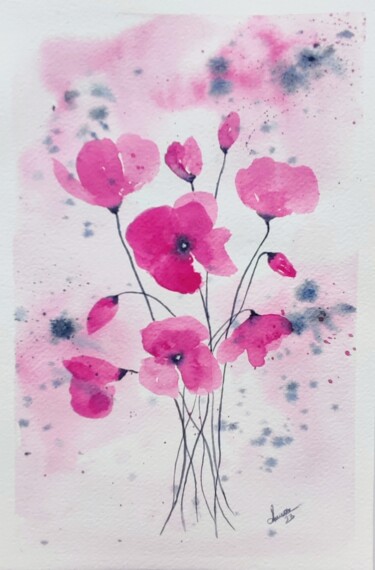 Watercolor Pink poppies and lavenders 绘画 标题为“Watercolor Pink po…” 由Fineartderya, 原创艺术品, 水彩