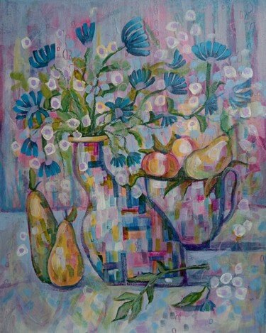 Still life with a pear and cornflowers Ζωγραφική με τίτλο "Still life with a p…" από Юлия Поташова (Вострикова), Αυθεντικά έργα τέχνης, Ακρυλικό Τοποθετήθηκε στο Ξ…