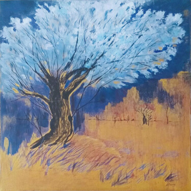 Painting titled "Blooming tree under…" by Liubov Samoilova, Original Artwork, Acrylic Mounted on Wood Stretcher frame