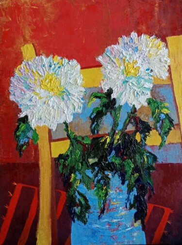 Schilderij getiteld "Flowers in the red…" door Liudmila Rabinovich, Origineel Kunstwerk, Olie