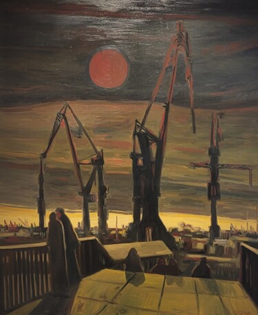 绘画 标题为“Les grues de Gdansk” 由Rudolf Faja, 原创艺术品, 油 安装在木质担架架上