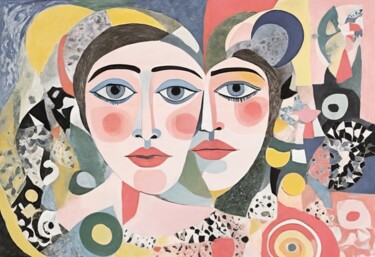 Blue Eyes, Crimson Nose: A Duo Portrait 绘画 标题为“Blue Eyes, Crimson…” 由Asel, 原创艺术品, 丙烯 安装在木质担架架上