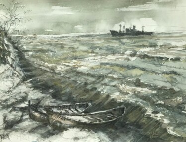 绘画 标题为“Des barques sur la…” 由Emilian Alexianu, 原创艺术品, 水彩