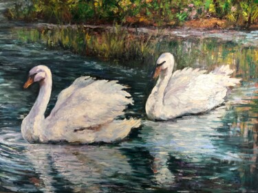 Painting titled "Swans" by Elena Stauffer, Original Artwork, Oil