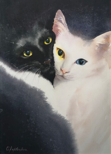 Painting titled "Two cats" by Olga Kaplenkova, Original Artwork, Watercolor