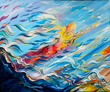 COMME UN POISSON DANS L EAU Painting titled "COMME UN POISSON DA…" by Marie Laplace, Original Artwork, Acrylic Mounted on Wood Stretcher frame