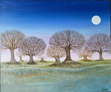 Painting titled "Pleine lune sur les…" by Adrianna Bonomi, Original Artwork, Oil Mounted on Wood Stretcher frame