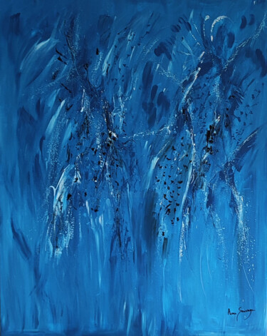 L'oiseau bleu - grand tableau monochrome bleu Peinture intitulée "L'oiseau bleu - gra…" par Âme Sauvage, Œuvre d'art originale, Acrylique Monté sur Châssis en bois