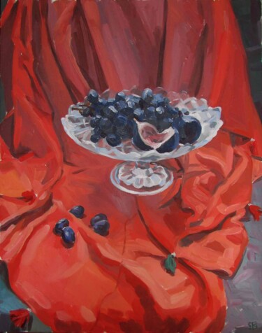 Pittura intitolato "Grapes on red" da Kateryna Bortsova, Opera d'arte originale, Olio