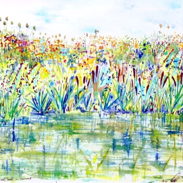 Painting titled "Reedbed in Summer" by Elizabeth Sadler, Original Artwork, Watercolor Mounted on Other rigid panel