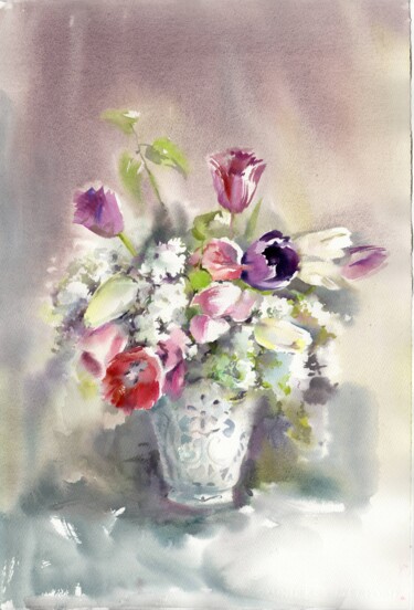 Bouquet of flowers watercolor Neapolitan motive 绘画 标题为“Bouquet of flowers…” 由Alla Prisakar, 原创艺术品, 水彩